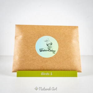 Puede incluir: Un sobre de papel marr&oacute;n con una pegatina que dice "mini-Watercolor kit" y un dibujo de un arrendajo azul. El sobre est&aacute; sobre una barra verde que dice "Birds 1" y un logotipo que dice "Naturah Art".
