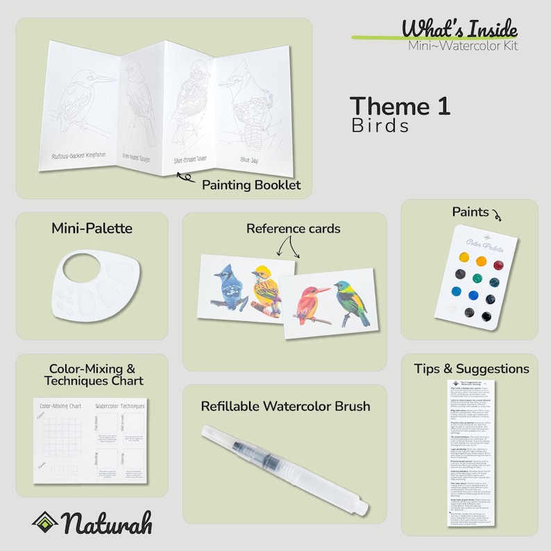Puede incluir: Un kit de pintura de acuarela para ni&ntilde;os con tem&aacute;tica de p&aacute;jaros. El kit incluye un cuaderno de pintura, tarjetas de referencia, pinturas, una mini paleta, una tabla de mezcla de colores y t&eacute;cnicas, y un pincel de acuarela recargable.