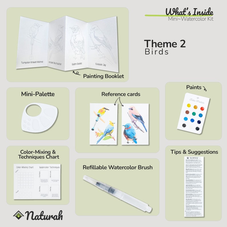 Puede incluir: Un kit de pintura de acuarela para ni&ntilde;os que incluye una mini paleta, pinturas, un pincel recargable, tarjetas de referencia y un folleto con ilustraciones de p&aacute;jaros. El kit est&aacute; tematizado con "P&aacute;jaros" e incluye instrucciones para mezclar colores y t&eacute;cnicas.
