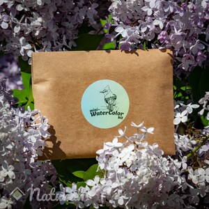 Puede incluir: Un sobre de papel marr&oacute;n con una pegatina que muestra un arrendajo azul y el texto "mini-Watercolor kit".
