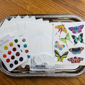 Kit de aquarela borboleta-mariposa | Kit de colorir, kit de colorir faça você mesmo, presente de arte e artesanato, kit de pintura, pacote de arte para viagem, cartão postal, kit para iniciantes