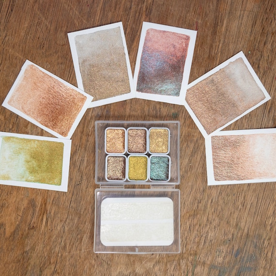 Gold Shimmer Watercolor Paint Palette, 6-Color Set, Artistic Pigments, Journaling Supplies