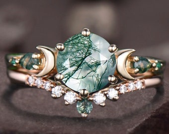 Unique Round Cut Green Moss Agate Engagement Ring Set, Five Stone Moon Emerald Bridal Wedding Ring Set, Diamond Ring Set