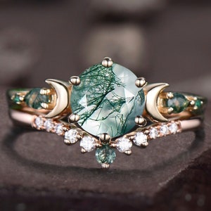 Unique Round Cut Green Moss Agate Engagement Ring Set, Five Stone Moon Emerald Bridal Wedding Ring Set, Diamond Ring Set image 1