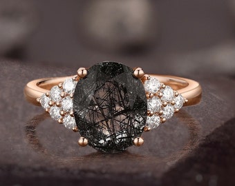 Unique Black Rutilated Quartz Ring, Oval Black Tourmaline Engagement Ring, Moissanite Cluster Ring, April Birthstone, Anniversary Gift