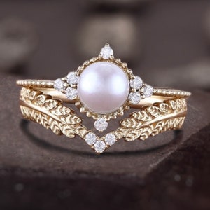 Art Deco14K Solid Vintage Akoya Pearl Engagement Ring Set, Handmade Solitaire Bridal Ring Set, Floral Leaf Vine Band,Promise Rings For Women