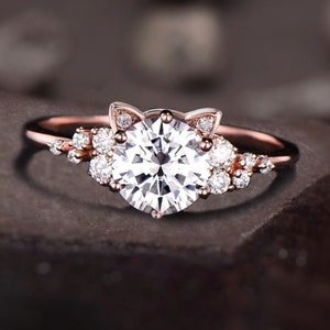 Round Moissanite Cat Engagement Ring, Unique Cat Diamond Cluster Ring, Kitten Wedding Ring, Animal Cat Shaped Promise Ring, Snowdrift Ring