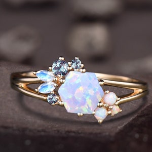 Vintage Hexagon cut White Opal Engagement Ring, Split Shank Cluster Ring, Alexandrite Marquise cut Moonstone Ring, Unique Bridal Ring Gift