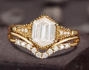 Vintage Hexagon Moissanite Engagement Ring Set, Unique Moissanite Wedding Ring Set