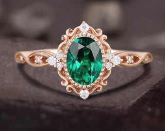 Vintage Oval cut Emerald Engagement Ring, Diamond Bridal Ring, Green Gemstone Delicate Ring, May Birthstone Ring, Green Emerald Wedding Ring