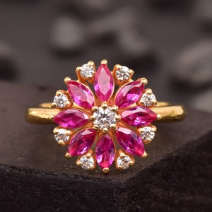 Marquise Ruby Engagement Ring, Antique Floral Flower Ring, Beautiful Moissanite Bridal Ring, Ruby Gemstone Wedding Ring For Bride and Love