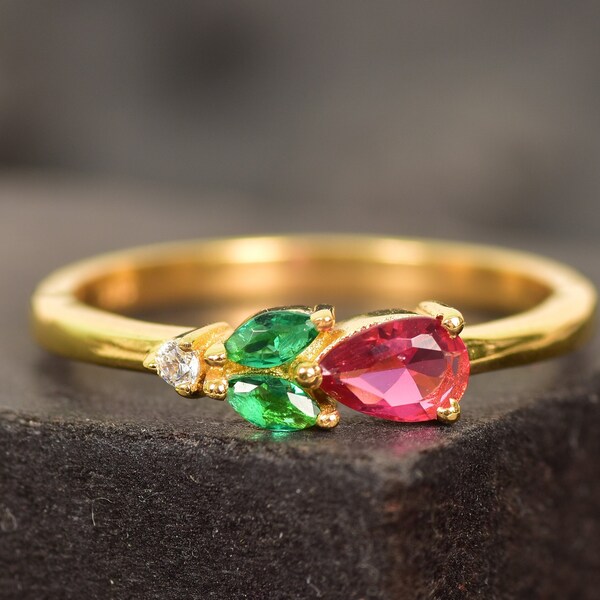 Vintage Pink Ruby Engagement Ring, Unique Marquise Emerald Wedding Ring, Pink Gemstone Bridal Ring, July Birthstone Anniversary Ring For Her