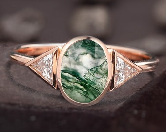 Oval Cut Green Moss Agate Ring, Vintage Moss Agate Engagement Ring, Rose Gold Triangle Cut Wedding Ring, Cluster Diamond Ring for women