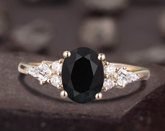 Black Onyx Ring, Natural Gemstone Ring, Oval Onyx Ring, Unique Vintage Rose Gold Ring Kite cut Diamond Cluster Ring, Birthday Gift For Her