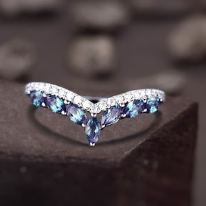 Marquise cut Alexandrite Wedding Band, Curved V Stacking Band, 925 Silver Moissanite Wedding Band, Matching Bridal Band, Unique Promise Ring