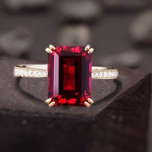 Lab Red Ruby Engagement Ring, 4ct Emerald Cut Vintage Rose Gold Engagement Cluster Ring, Moissanite Bridal Ring, Promise Anniversary Ring