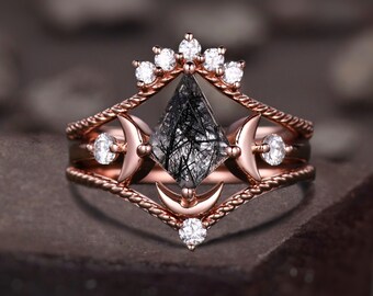 Antique Black Rutilated Quartz Engagement Ring Set, 14k Kite Cut Black Rutilated Quartz Moon Ring Set, Unique Promise Ring, Wedding Ring Set