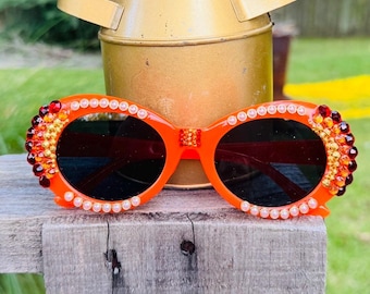 Orange Oversized Oval Bedazzled Bling Handmade Sunglasses