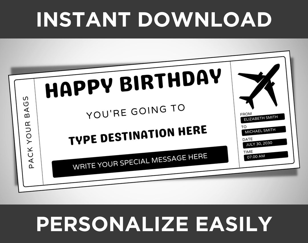 Printable Airplane Ticket Template Birthday Airline Ticket - Etsy