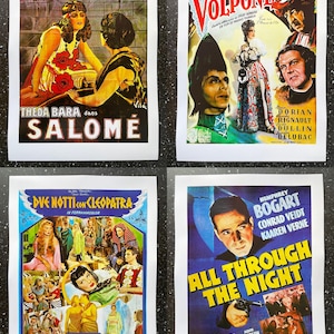May include: Four vintage movie posters. The posters feature the films "Salome", "Volpone", "Due Notti con Cleopatra", and "All Through the Night". The posters have colorful illustrations and text, showcasing classic film aesthetics.
