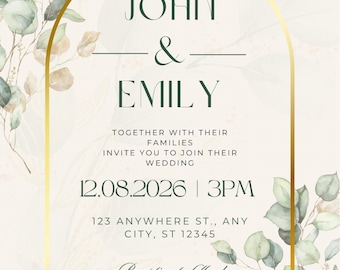 Green & Gold. Digital Wedding Package: Includes Wedding Invitation, Table Number Signs, Signature Drinks Sign, Thank You Card. Customisable.