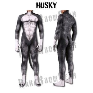 Spandex Pup Suit, Full Cover Dog Bodysuits, Human Puppy Cosplay Costume For Adult Pet Play Husky