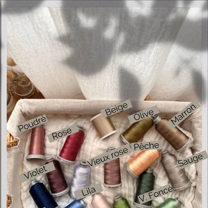 Pu&ograve; includere: Una collezione di bobine di filo di vari colori, tra cui beige, oliva, rosa, viola, blu, cielo ed eucalipto. Le bobine sono disposte in un cesto ed etichettate con i loro colori corrispondenti in francese.