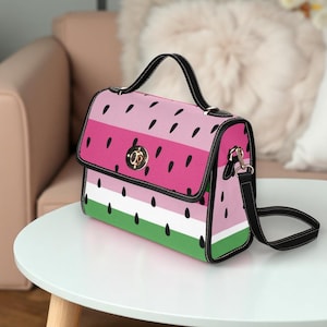 Watermelon Print Handbag with Pink Stripes and Seed Design, Fruity Shoulder Bag for Summer Looks, Colorful Fun Purse,Playful Girly Gift Idea