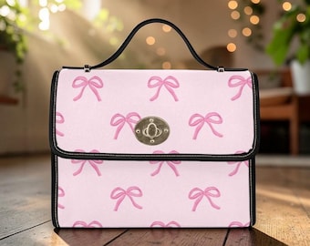 Pink Bow Crossbody Bag, Pastel Ribbon Canvas Purse, Vegan Leather Strap, Kawaii Soft Girl Handbag