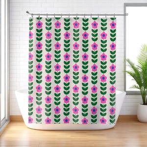 Retro flower shower curtain, bold pink green floral print decor, dopamine vintage aesthetic bath style, colorful girly home update, gift