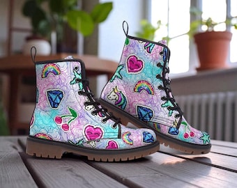 Kawaii Combat Boots, Pastel Rainbow Heart Shoes, Cute Y2K Aesthetic Footwear