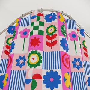 Retro flower shower curtain, dopamine overload bathroom decor, bold 70s pop art style, colorful maximalist home aesthetic, y2k gift ide