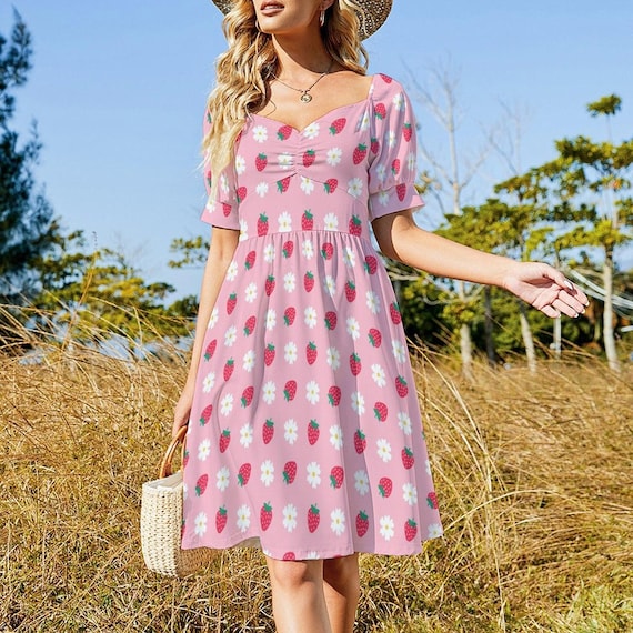 Berry Daisy Midi Dress, Pink Strawberry Outfit, Cute Cottagecore