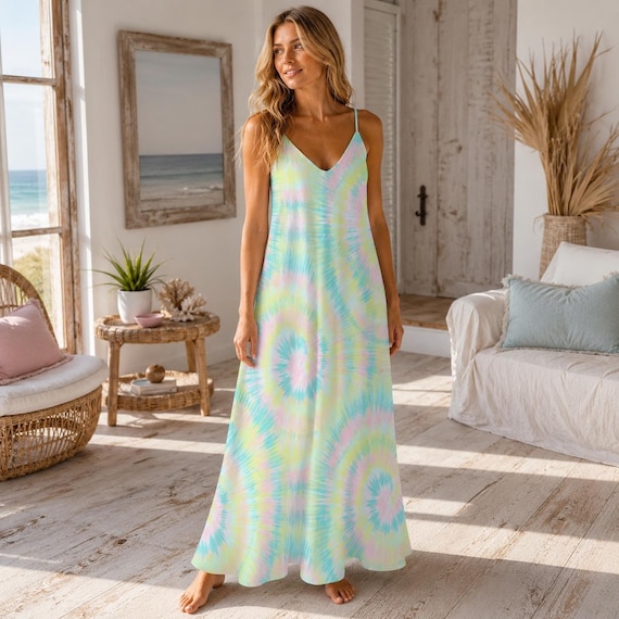 Pastel Tie Dye Maxi Dress, Boho Summer Sundress, Festival and Beach Vacation Outfit