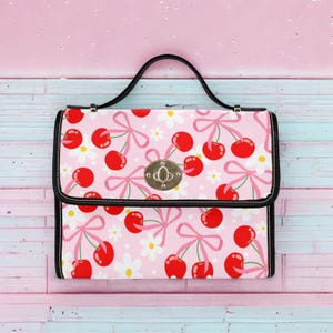 Cherry Pink Bows, Kawaii Cottagecore Shoulder Bag with Red Cherries and Flowers, Coquette Aesthetic Purse, Y2K Alt Girl Gift Idea