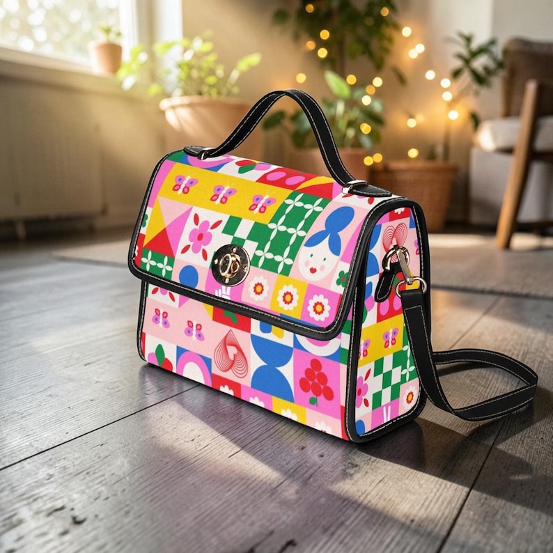 Colorful Patchwork Satchel Purse, Cute Icon Handbag, Retro Pop Art ...