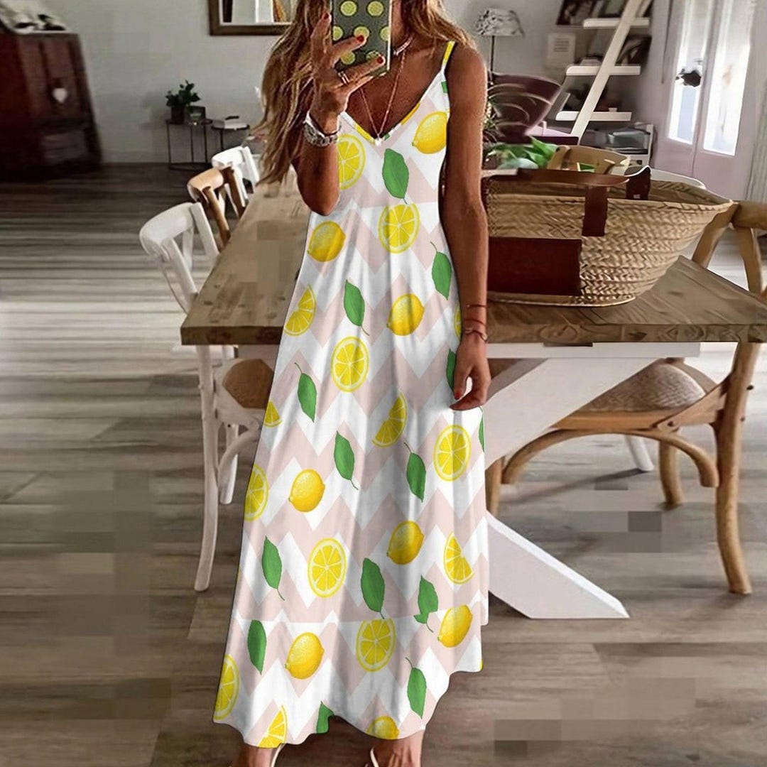 Lemon Print Maxi Dress, Cute Fruit Summer Dress With Chevron