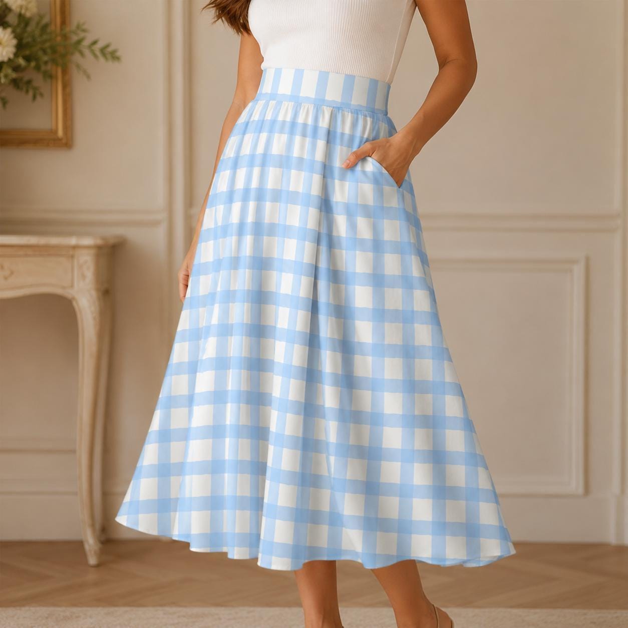 Blue Gingham Maxi Skirt, High Waist Flowy Cottagecore Picnic Skirt