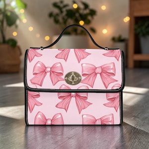 Pink Bow Top Handle Purse, Coquette Ribbon Print Handbag, Structured Pink Clasp Bag, Girly Bow Pattern Purse for Brunch and Date Night