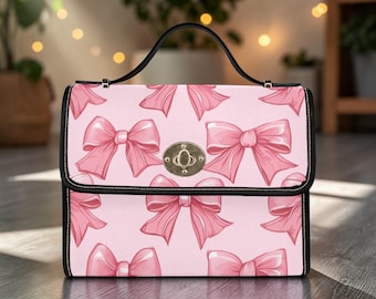 Pink Bow Satchel Purse, Waterproof Canvas Crossbody, Y2K Coquette Handbag, Girly Soft Girl Bag
