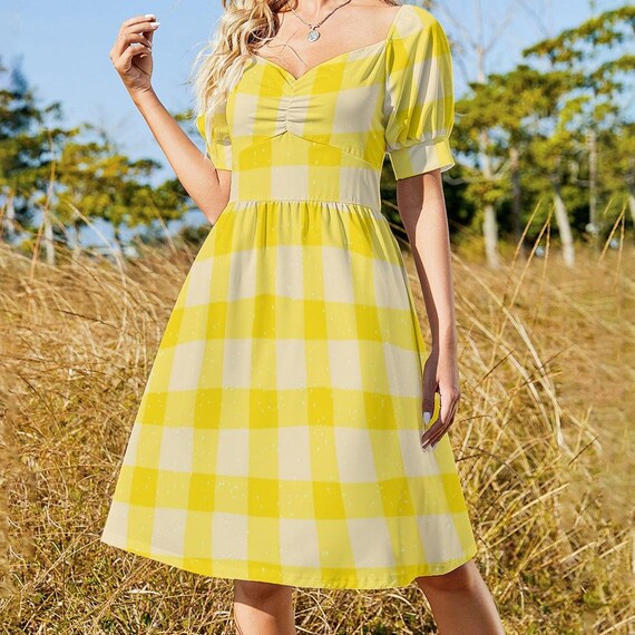 Yellow Gingham Dress, Vintage Summer Midi Dress, Retro Puff Sleeve