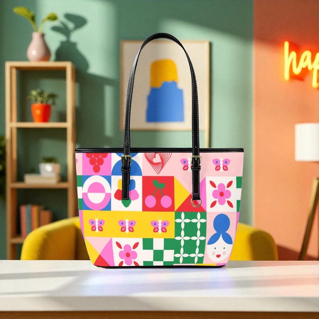 Retro Pop Art Tote Bag, Color Block Cherry Butterfly Purse, Funky ...