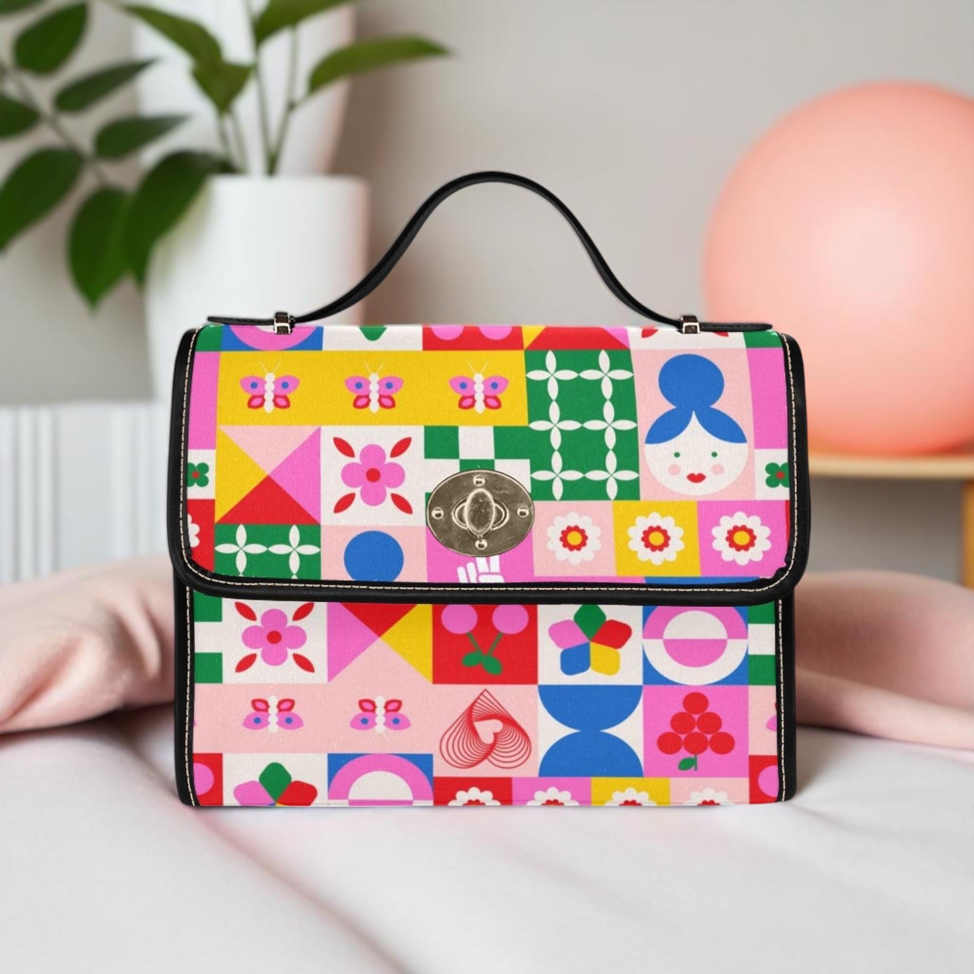 Colorful Patchwork Satchel Purse, Cute Icon Handbag, Retro Pop Art ...