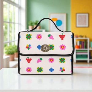 Fruit and Flower Print, Kawaii White Purse, Strawberry Cute Bag, Whimsical Pastel Style, Playful Aesthetic Gift, Colorful Crossbody Purse