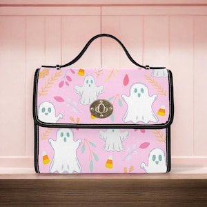 Backpack with Cute Ghost Pattern, Pastel Goth Shoulder Bag with Candy Corn, Spooky Halloween Bag, Pink Kawaii Purse, Soft Girl Aesthetic