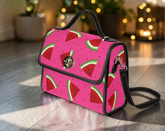 Watermelon Crossbody Purse, Pink Summer Handbag, Fruit Print Top Handle Bag