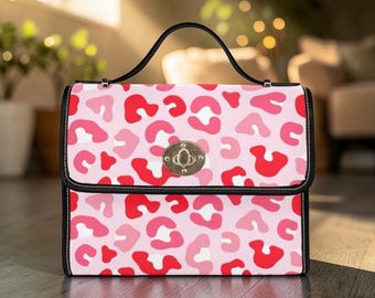 Pink Leopard Print Handbag, Red Heart Spot Purse, Structured Top Handle Bag, Coquette Animal Print Satchel, Valentine Style Bag