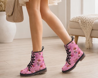 Roze combatlaarzen met regenboogpaddenstoelprint, veganistische leren veterschoenen voor festivals