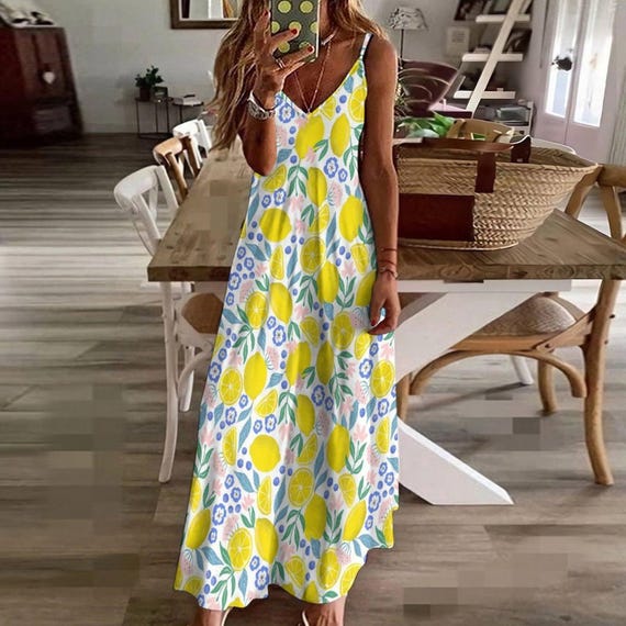 Lemon floral sundress, pastel fruit print dress, cottage summer outfit idea, dopamine fashion vibe, picnic brunch aesthetic clothing piece Lemon floral sundress, pastel fruit print dress, cottage summer outfit idea, dopamine fashion vibe, picnic brunch aesthetic clothing piece