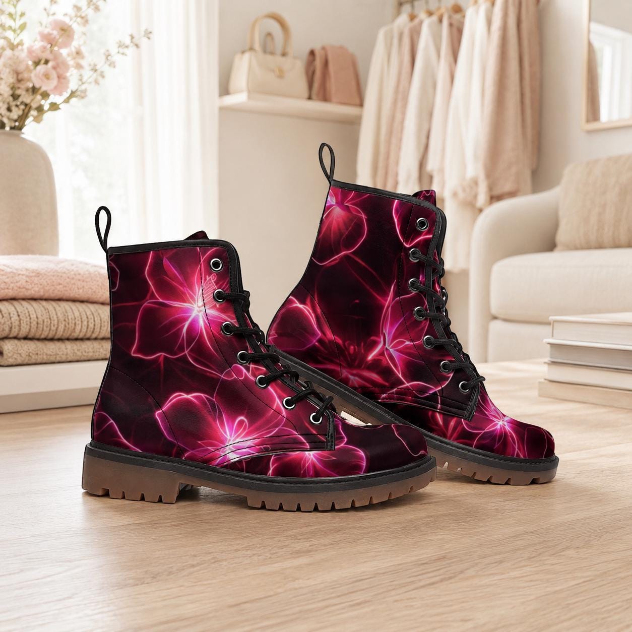 Neon Floral Combat Boots, Glowing Pink Flower Lace Up Shoes, Dark…